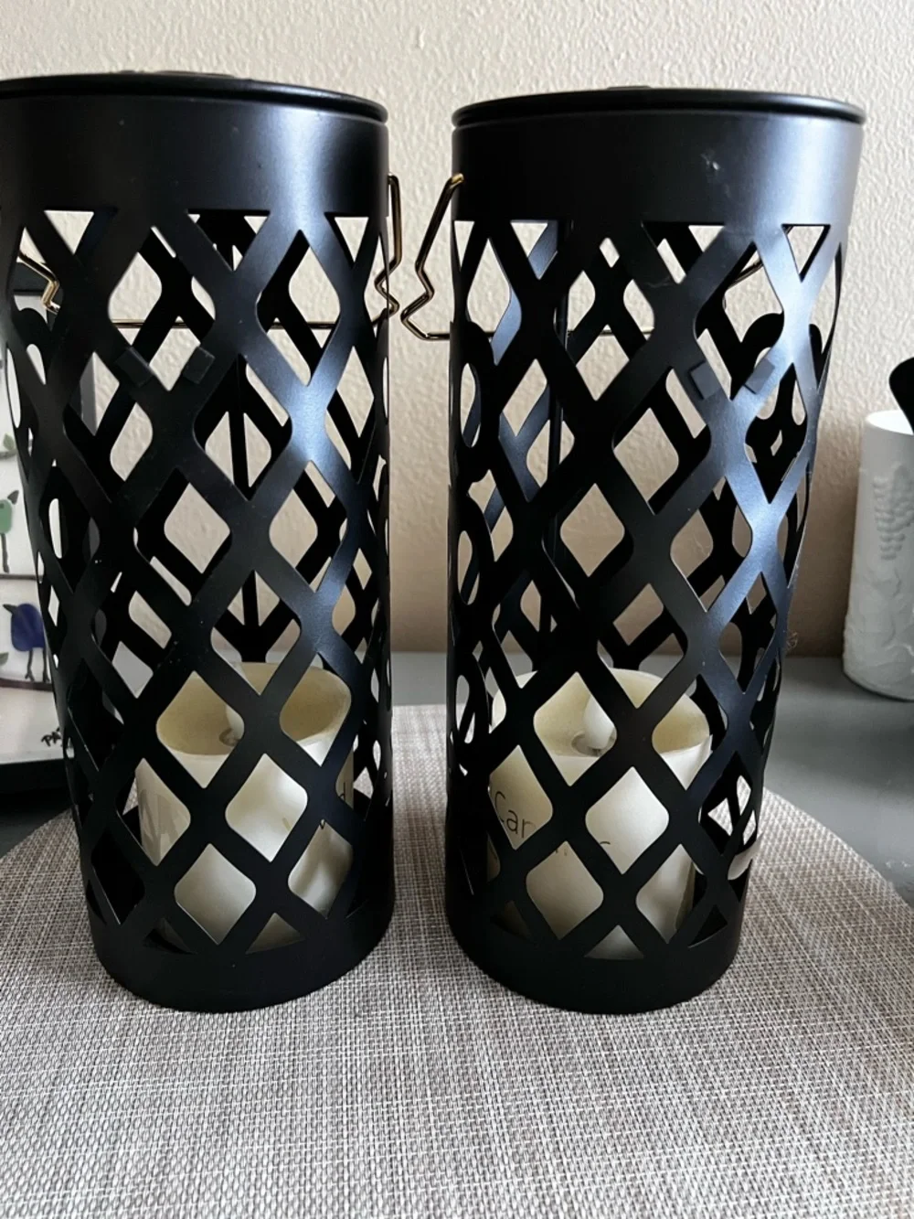 Black Metal Lantern Set with Warm Yellow LED Candles Set of 2